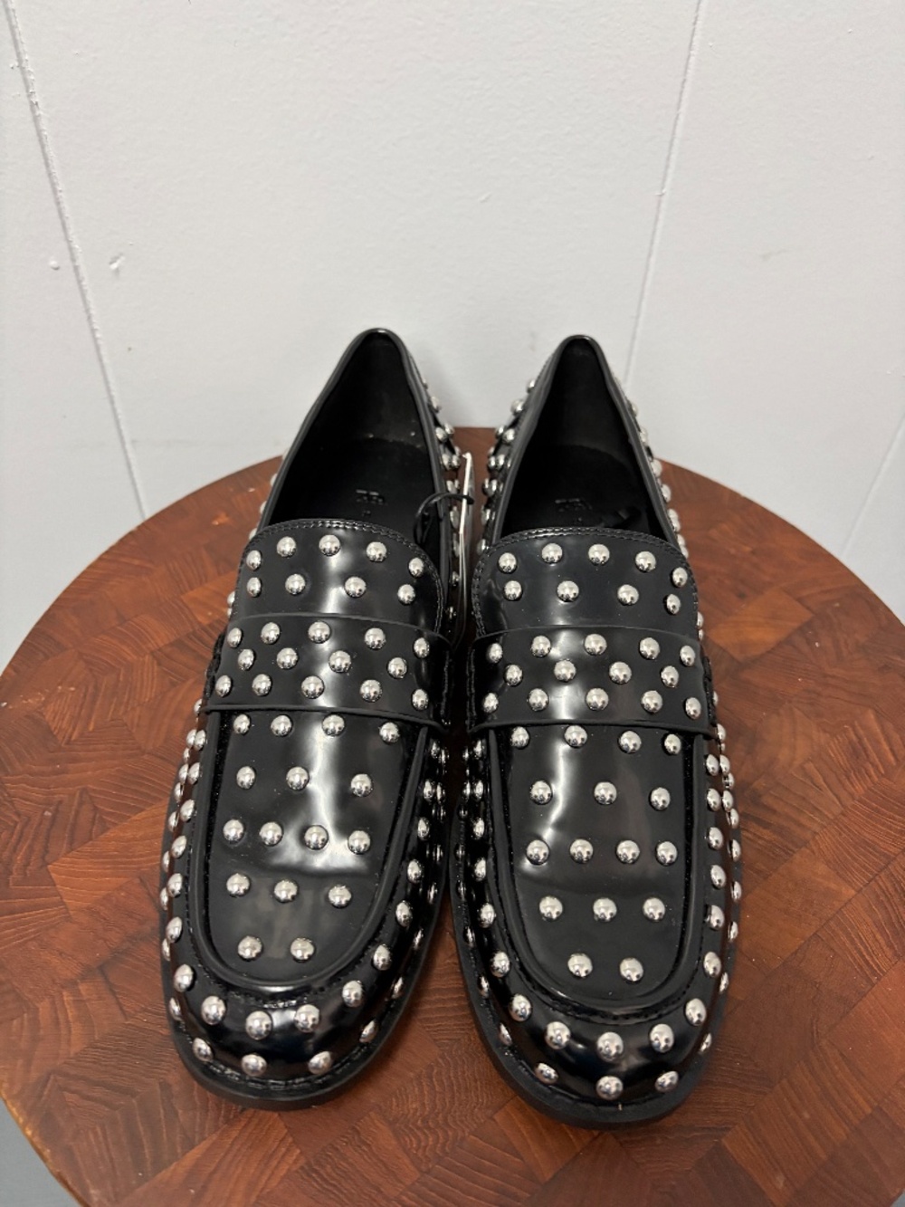 Zara Studded Black Patent Leather with Silver Metal Studs Women's Size 9 - Picture 2 of 8
